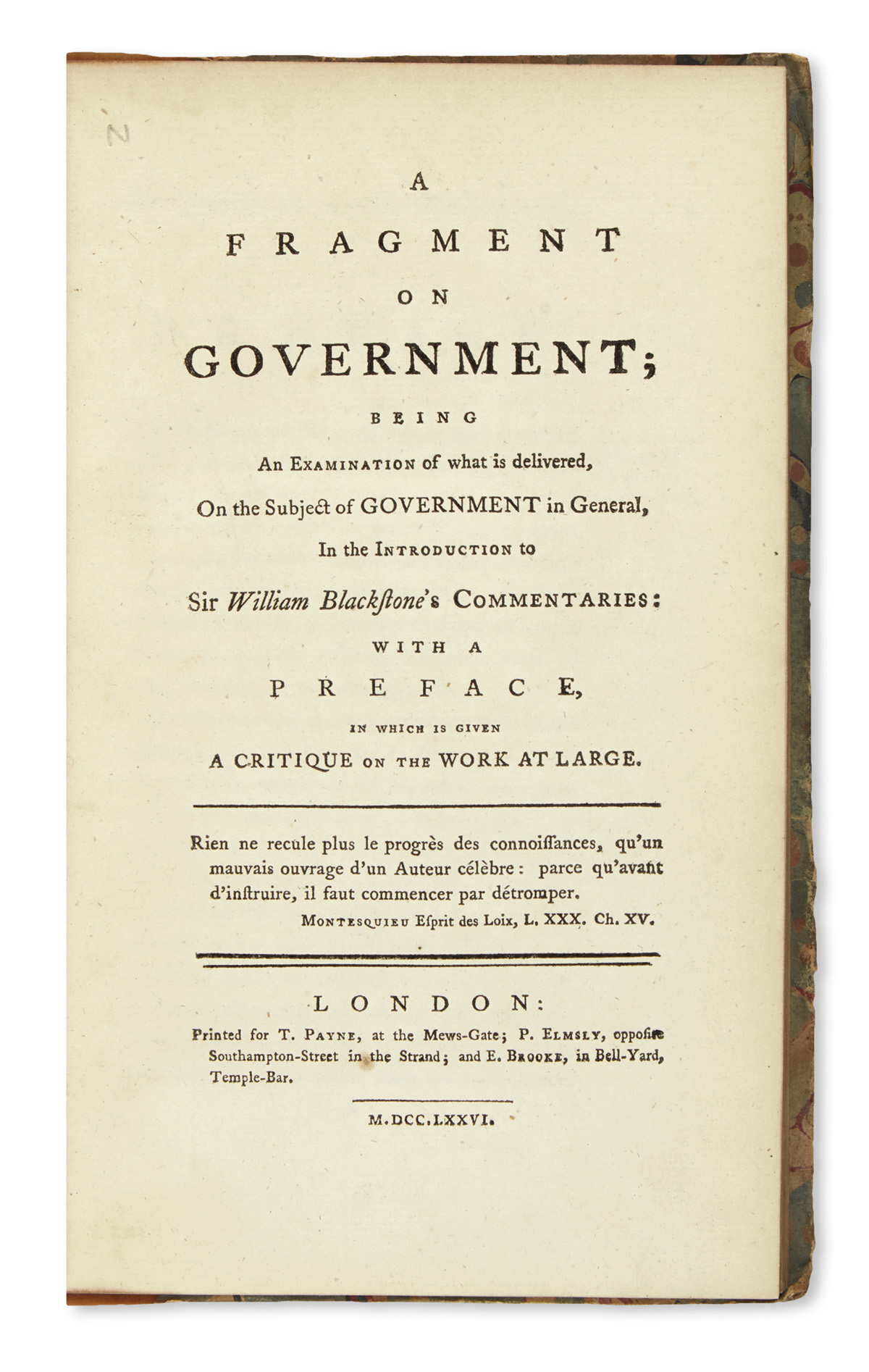 BENTHAM, JEREMY.  A Fragment on Government.  1776